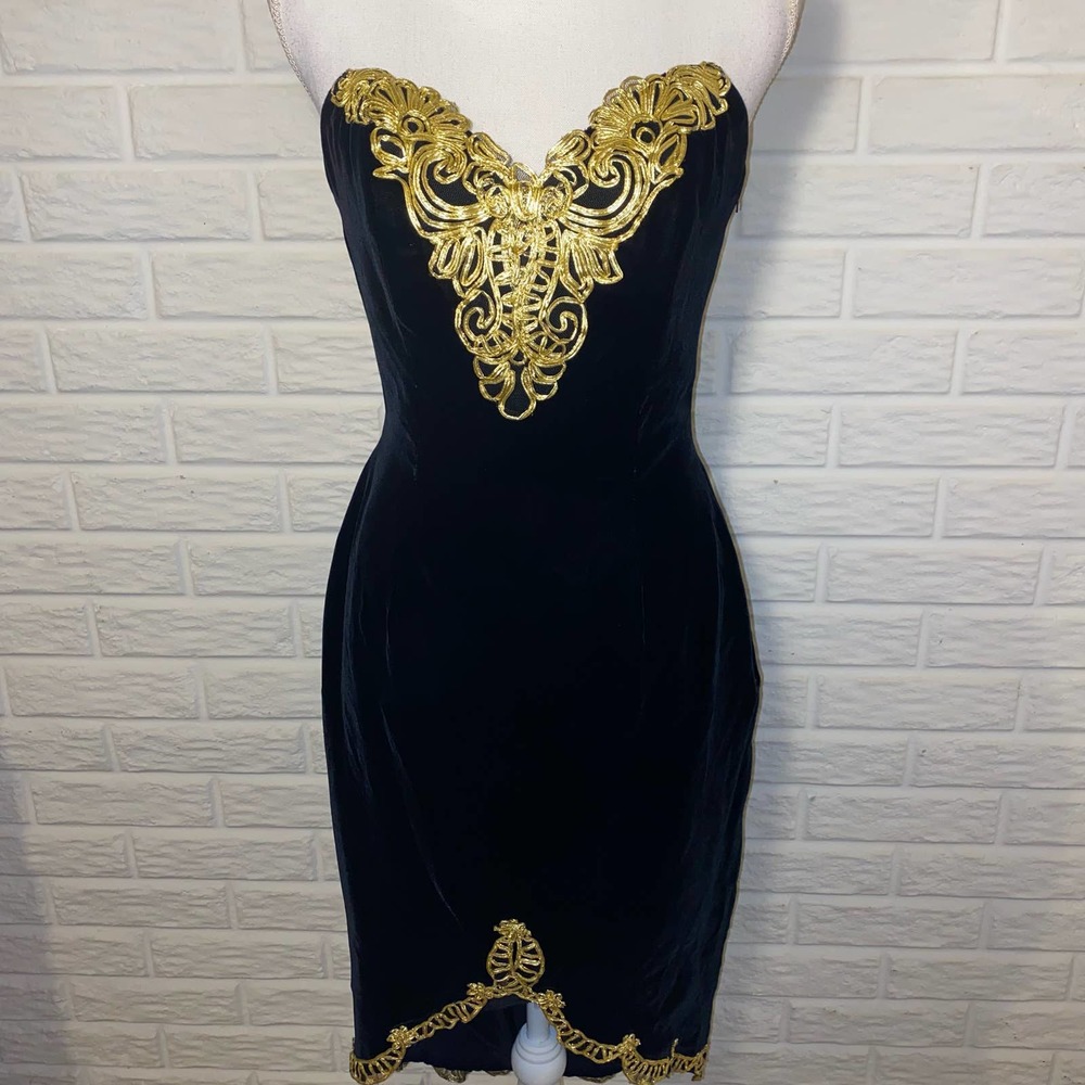 Vintage 80s Lizette Black Velvet Gold Applique Sweetheart Sexy High Low Dress